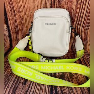 Michael Kors Crossbodies Md Crossbody Leather White Mk Logo Strap Neon Yellow